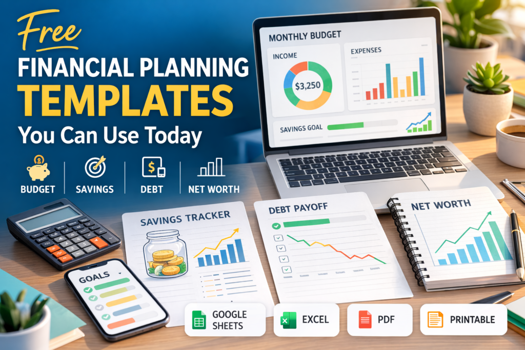 Illustration of financial planning templates displayed on a laptop and documents including budget planner, savings tracker and debt payoff worksheet.