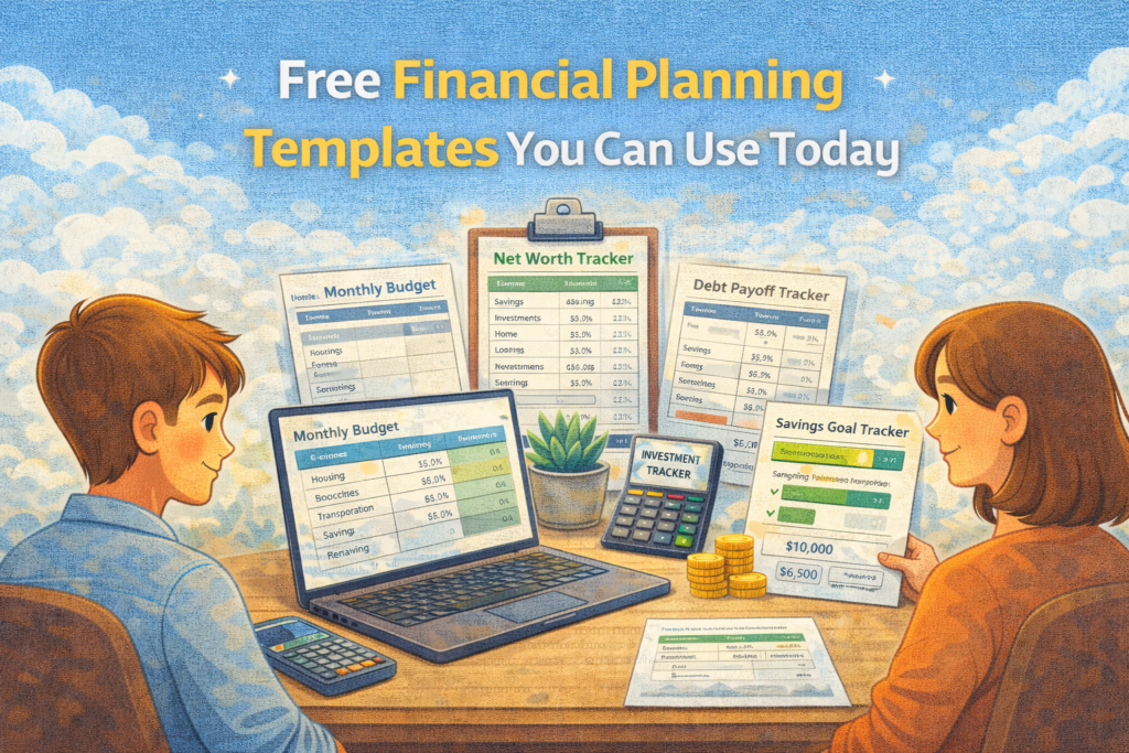 Illustration showing financial planning templates including monthly budget, savings tracker, debt payoff tracker and net worth tracker.
