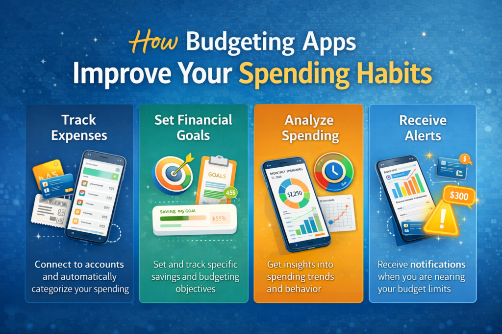 Infographic showing how budgeting apps improve spending habits by tracking expenses, setting financial goals, analyzing spending patterns and sending budget alerts.