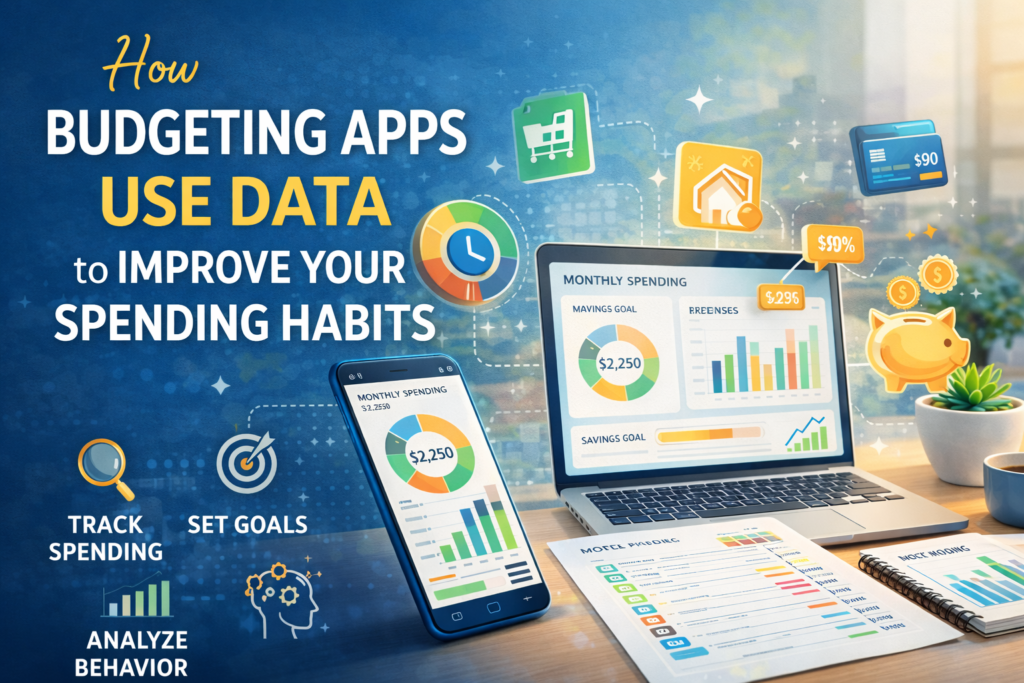 Illustration of budgeting apps analyzing spending data on a smartphone and laptop with charts, expense categories and savings goals.