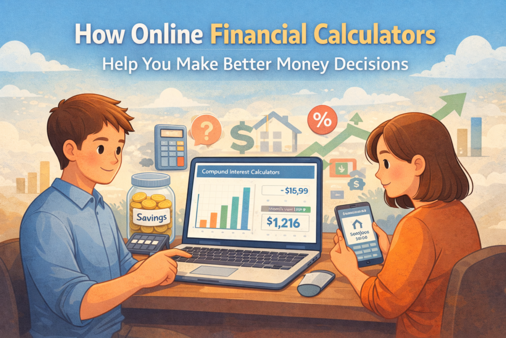 Illustration of people using online financial calculators on a laptop and smartphone to analyze savings, interest rates and financial planning decisions