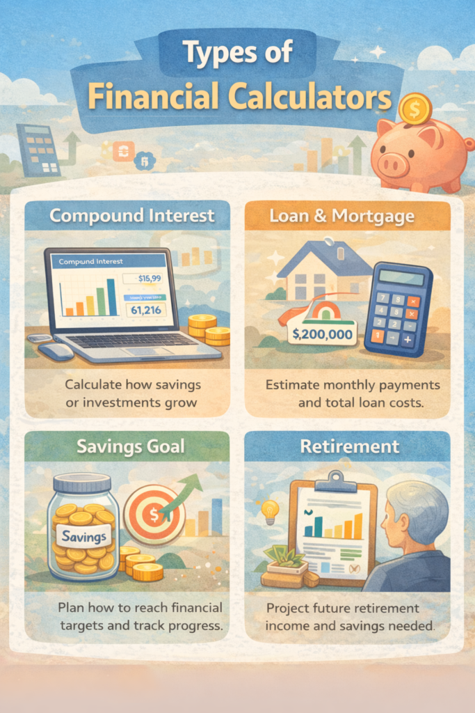 Educational infographic showing different types of financial calculators including compound interest, loan, mortgage, savings and investment calculators