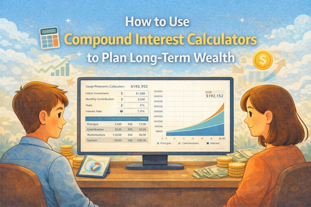 Illustration of two beginners using a compound interest calculator on a computer, with charts showing investment growth and a stack of coins on the desk.