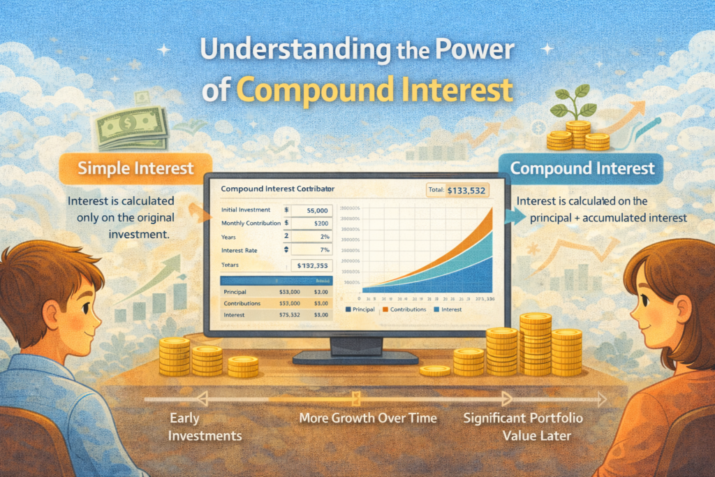 Understanding the Power of Compound Interest Infographic showing a man and a woman using a compound interest calculator, comparing simple and compound interest with growth charts over time.