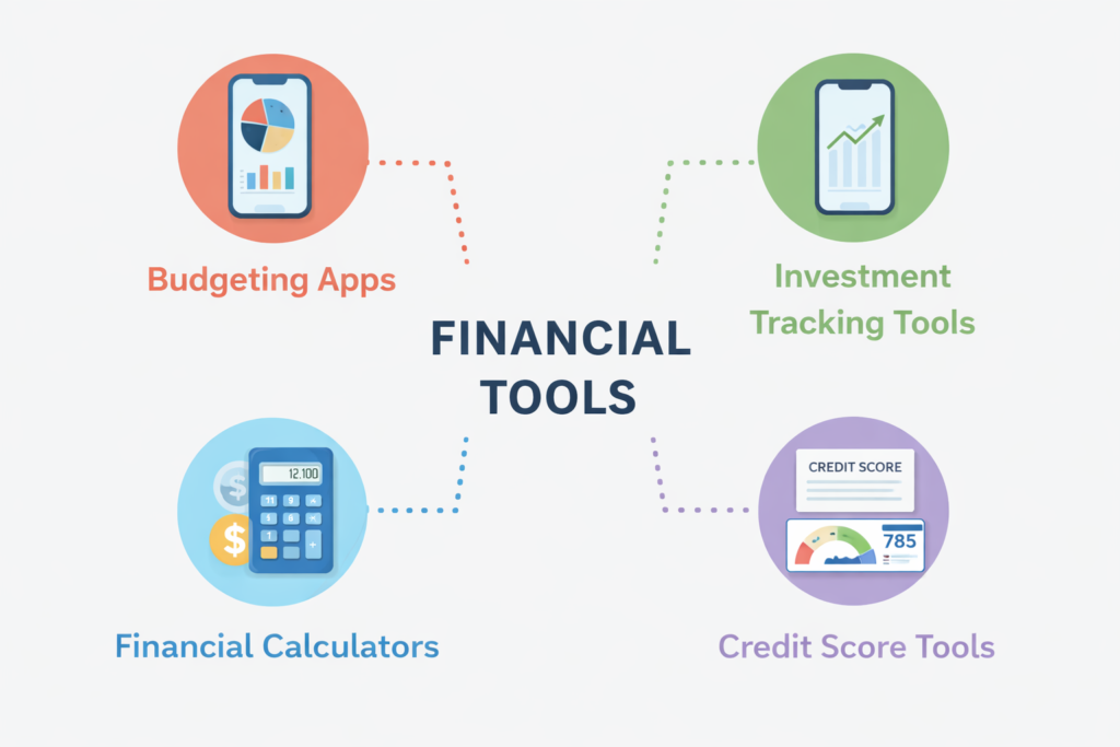 Financial tools infographic showing budgeting apps, investment tracking tools, financial calculators, and credit score tools.